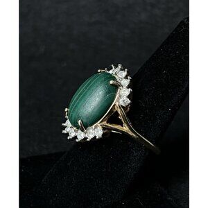 Vintage Estate Malachite Floral Halo Gold Tone Statement Ring Size 8.25
